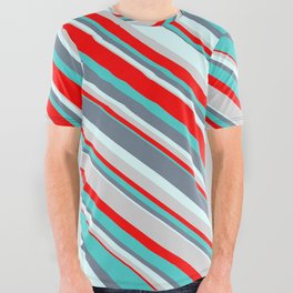 [ Thumbnail: Colorful Light Grey, Red, Turquoise, Slate Gray & Light Cyan Colored Pattern of Stripes All Over Graphic Tee ]