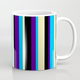 [ Thumbnail: Deep Sky Blue, Indigo, Black, and Pale Goldenrod Colored Pattern of Stripes Coffee Mug ]