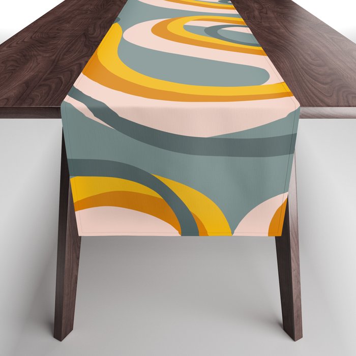 Ela - Yellow Retro Line Swirl Pattern  Table Runner