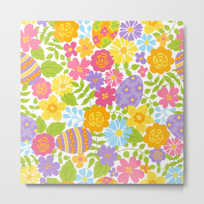Watercolor Colorful Easter Eggs Flowers Pattern Flower Seamless Metal Print