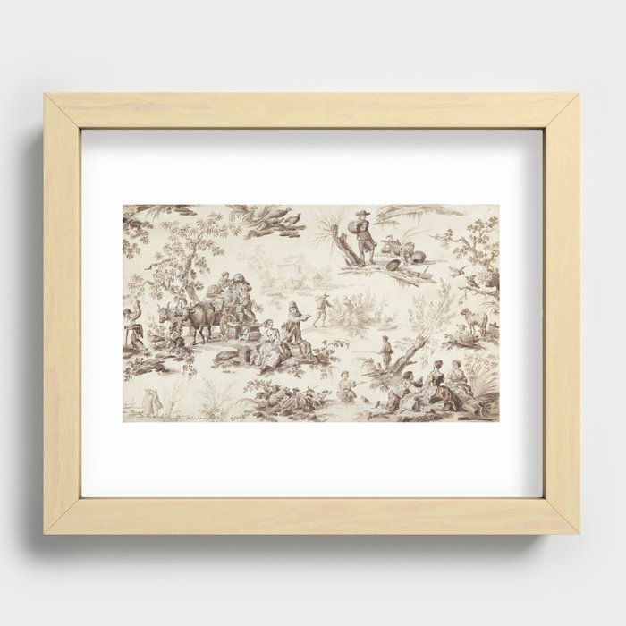 Antique 19th Century Pastoral Landscape Toile de Jouy Recessed Framed Print