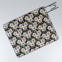 Nature pattern with Daisies, clovers and ladybugs on a black background Picnic Blanket