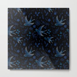 Embroidered Blue Birds Metal Print