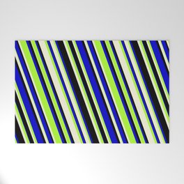 [ Thumbnail: Blue, Light Green, Beige & Black Colored Lines/Stripes Pattern Welcome Mat ]