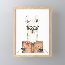  Llama reading book watercolor painting Framed Mini Art Print