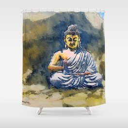 Blue Watercolor Buddha in the mountains Shower Curtain