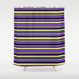 [ Thumbnail: Tan, Dark Slate Gray, Purple, and Black Colored Stripes/Lines Pattern Shower Curtain ]