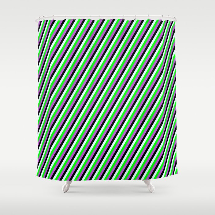 Light Cyan, Lime, Orchid, and Black Colored Lined Pattern Shower Curtain