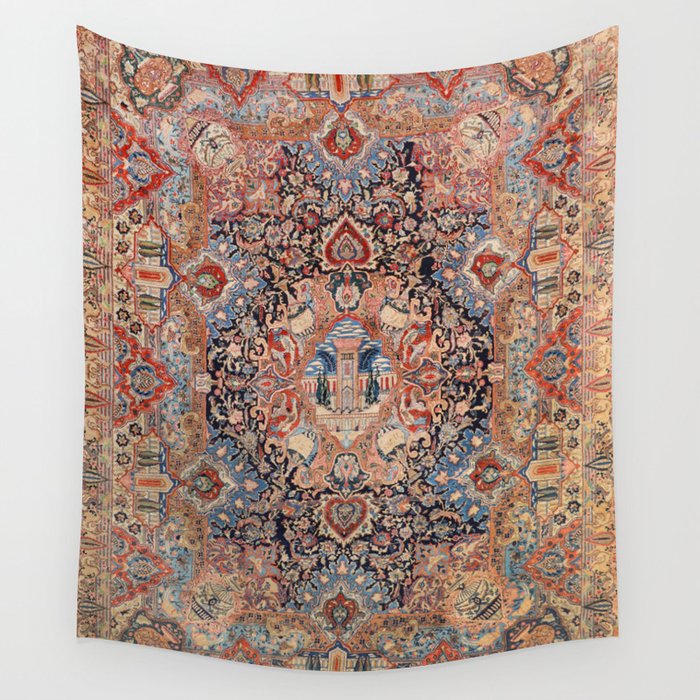 Persia Carpet 19th Century Authentic Colorful Black Blue Red Vintage Patterns Wall Tapestry