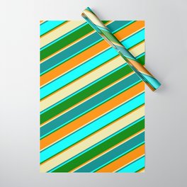 [ Thumbnail: Dark Orange, Pale Goldenrod, Dark Cyan, Cyan, and Green Colored Pattern of Stripes Wrapping Paper ]