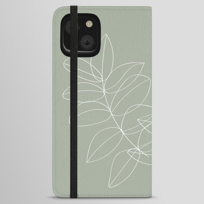 Boho Sage Green, Decor, Line Art, Botanical Leaves iPhone Wallet Case