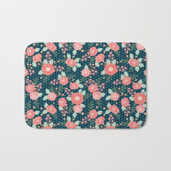 Florals boho modern watercolor blooming blossom garden nature summer spring navy pink white Bath Mat