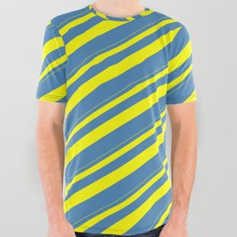 [ Thumbnail: Yellow and Blue Colored Pattern of Stripes All Over Graphic Tee ]