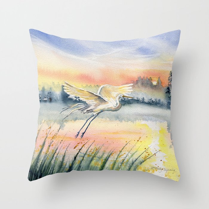 Egret-Flying in The Dawn Throw Pillow