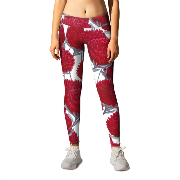 Bright Red Flowers With Gray Leaves Leggings