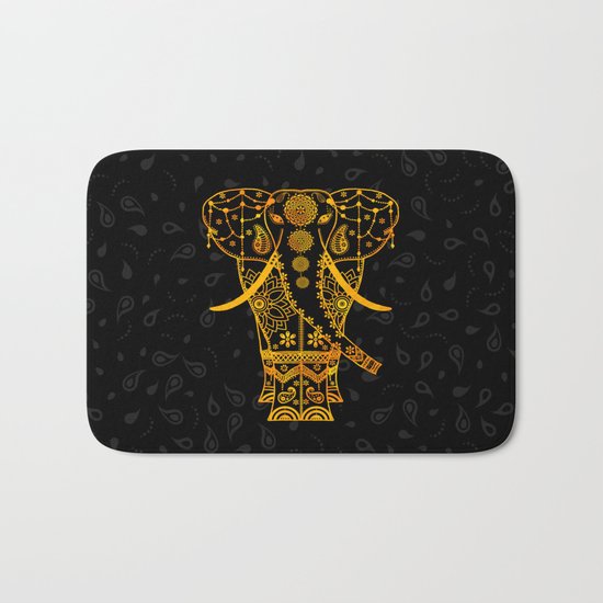 Ornate Indian Elephant Orange Black Bath Mat