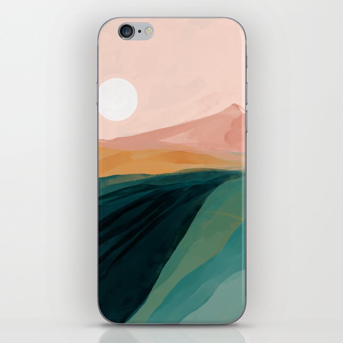 pink, green, gold moon watercolor mountains iPhone Skin