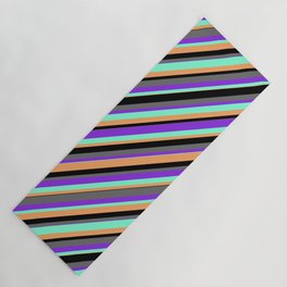 [ Thumbnail: Eye-catching Black, Dim Grey, Purple, Aquamarine & Brown Colored Stripes/Lines Pattern Yoga Mat ]