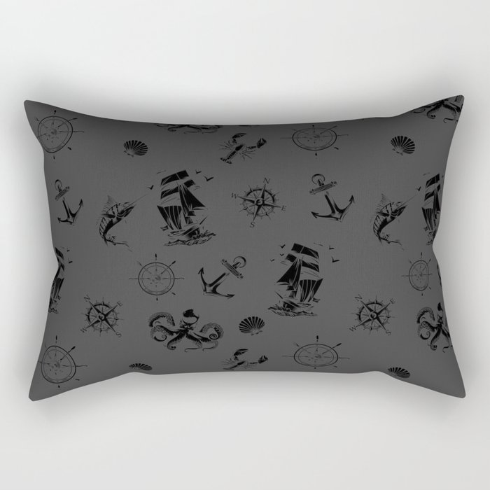 Dark Grey And Black Silhouettes Of Vintage Nautical Pattern Rectangular Pillow