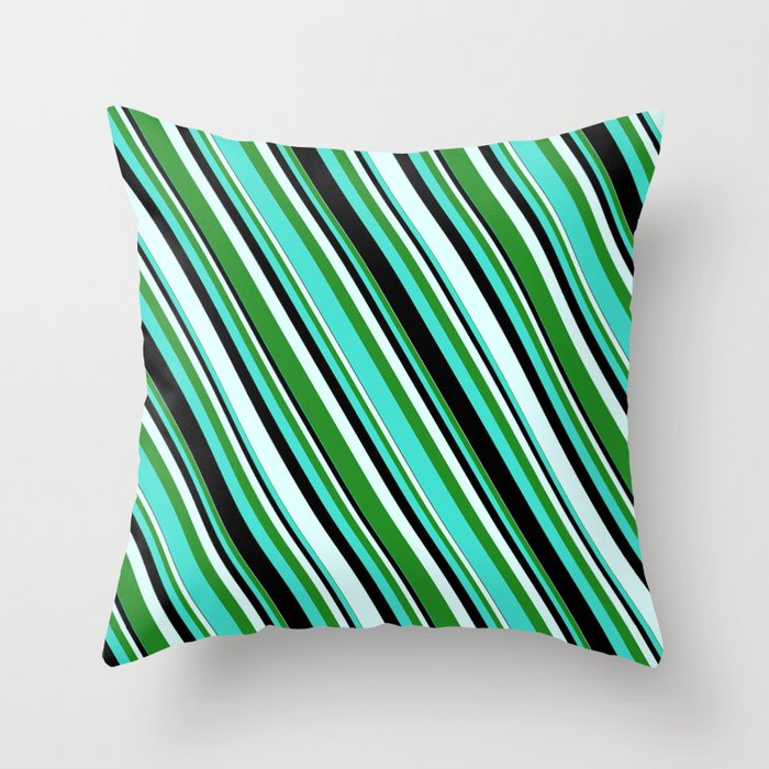 Turquoise, Black, Light Cyan, and Forest Green Colored Stripes Pattern Throw Pillow