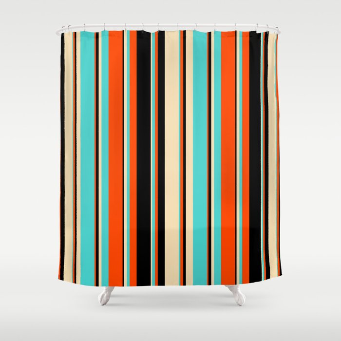Red, Black, Tan & Turquoise Colored Lined/Striped Pattern Shower Curtain