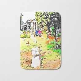 Barbarano Romano: gravestones and old women at the cemetery Bath Mat | Gravestones, Watercolor, Cemetery, Women, Trees, Outdoor, Figurativeart, Tombs, Painting, Cross 