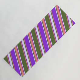 [ Thumbnail: Dark Olive Green, Light Coral, Purple & Lavender Colored Stripes/Lines Pattern Yoga Mat ]