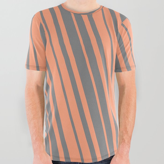 Light Salmon and Grey Colored Striped/Lined Pattern All Over Graphic Tee