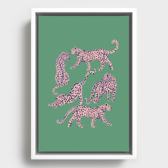 Modern abstract pink leopards in emerald green background  Framed Canvas