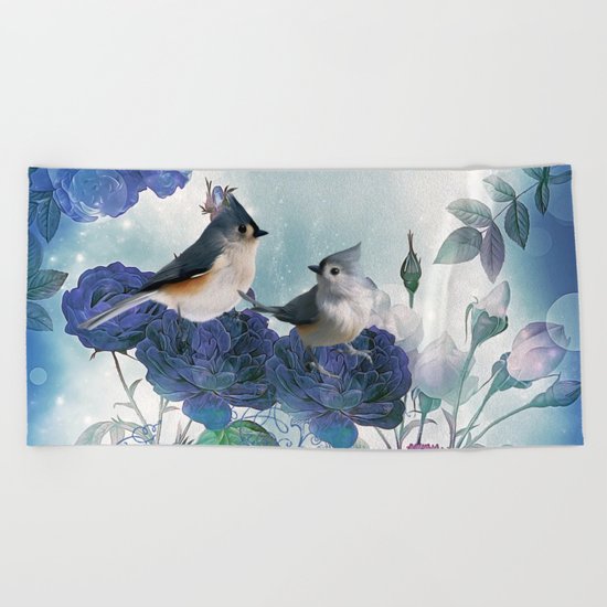 Cute birds with flowers Beach Towel