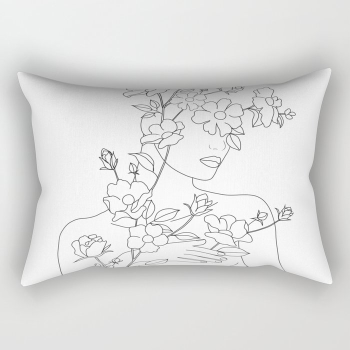 Minimal Line Art Woman with Wild Roses Rectangular Pillow