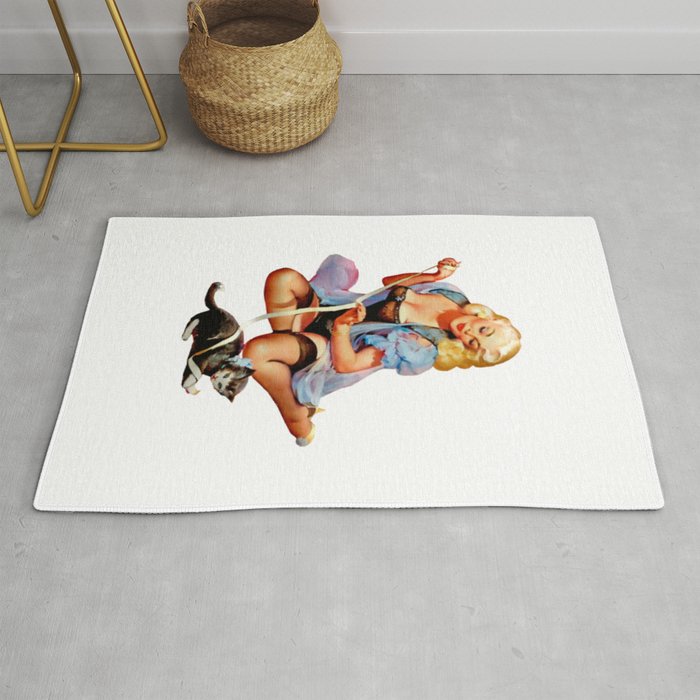 Sexy Blond Vintage Pinup Playing With a Cute Puppy Cat Rug