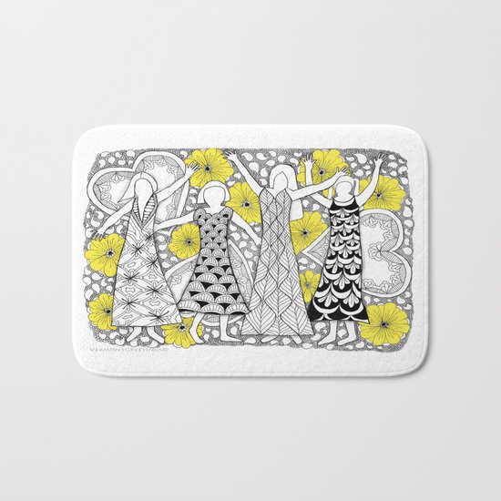 Zentangle Girls - Black and White Illustration Bath Mat