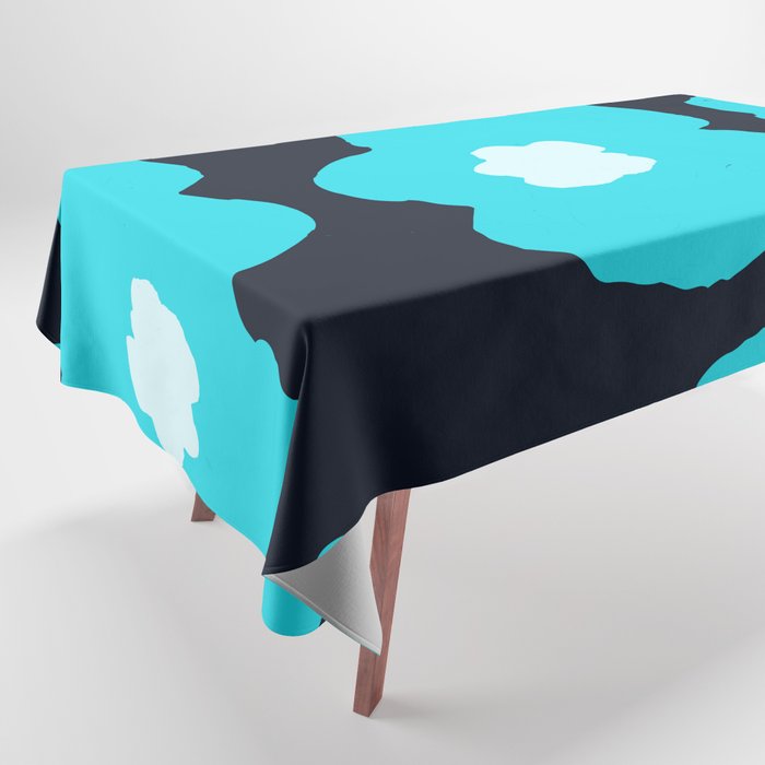 Large Pop-Art Retro Flowers in Aqua Turquoise on Black Background  Tablecloth