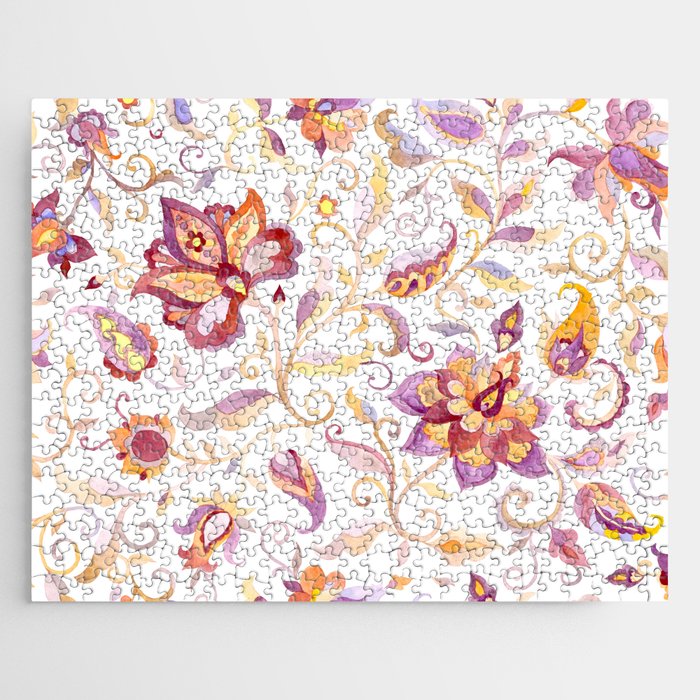 Exotic Oriental Chintz Peach Pink Floral Pattern Jigsaw Puzzle