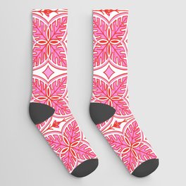 Pink and White Retro Modern Tropical Botanical Socks