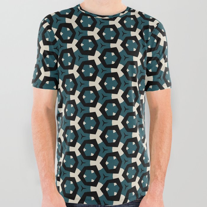 Modern, abstract, geometric pattern with hexagon shapes in deep sea green, bone, tan and black All Over Graphic Tee