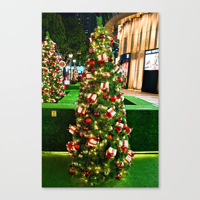 Green Christmas Tree With Gold Box Red Ribbon Ornaments Canvas