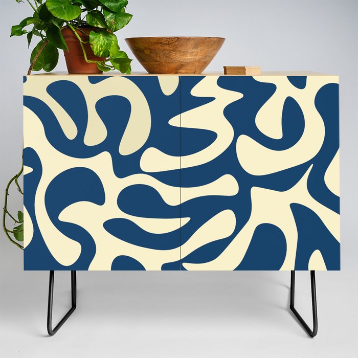 Abstract Mid century Modern Shapes pattern - Blue and Off white Credenza