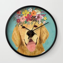 Golden Retriever Dog with Floral Crown Art Print – Funny Decoration Gift – Cute Room Decor – Poster Wall Clock