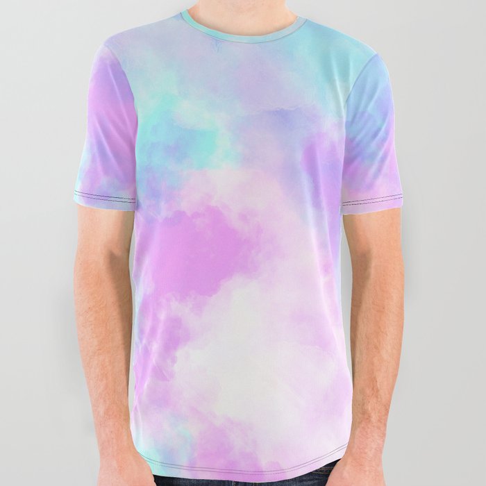 Abstract teal pink lilac lavender watercolor clouds All Over Graphic Tee