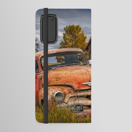 Rusted Pickup Truck in a Rural Landscape by Old Weathered Barn in Michigan Android Wallet Case