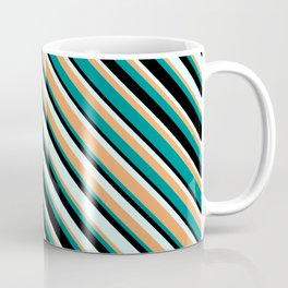 [ Thumbnail: Brown, Dark Cyan, Black, and Light Cyan Colored Stripes Pattern Coffee Mug ]