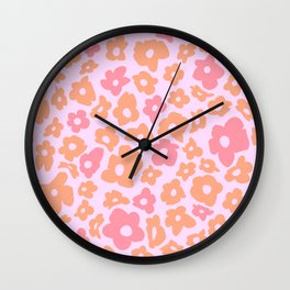 Pink and Orange Retro Flower Swirl Pattern Wall Clock