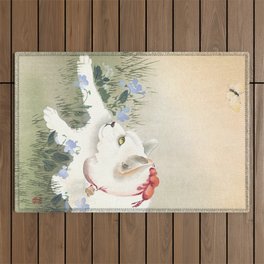 Cat With Red Ribbon and Butterfly - Vintage Japanese Woodblock Print Art Outdoor Rug