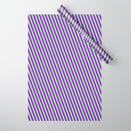 [ Thumbnail: Green and Dark Violet Colored Stripes/Lines Pattern Wrapping Paper ]