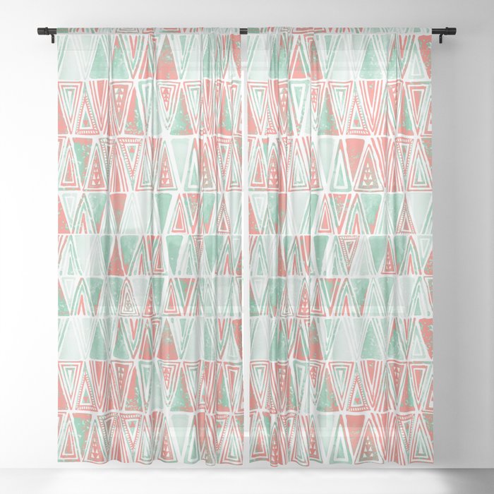 Modern Coral Pink Mint Green Tribal Triangles Sheer Curtain By
