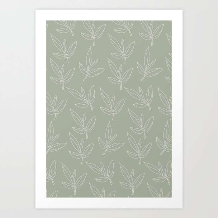 Minimal Line Art Leaf Pattern Sage Green Art Print
