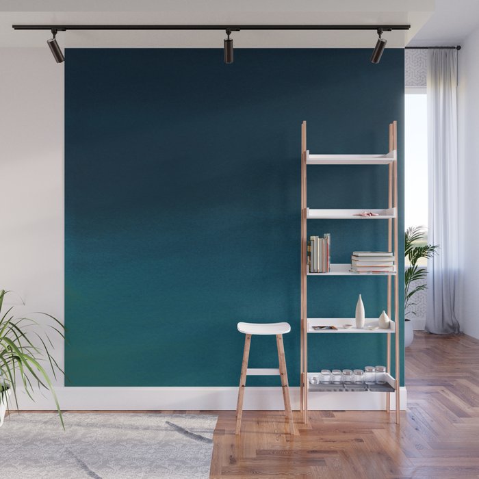 Navy Blue Teal Hand Painted Watercolor Paint Ombre Wall Mural By Pink Water