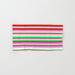 [ Thumbnail: Colorful Green, Red, Orchid, Pink, and White Colored Pattern of Stripes Hand & Bath Towel ]